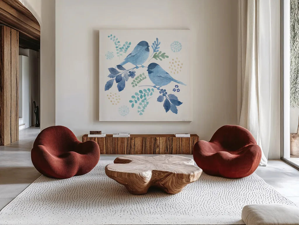 Winter Sparkle IV by Beth Grove. Shown as extra-large giant wall art in a modern living room. Available as an archival giclee rolled canvas, fine art paper, or poster print. SKU 91660a.