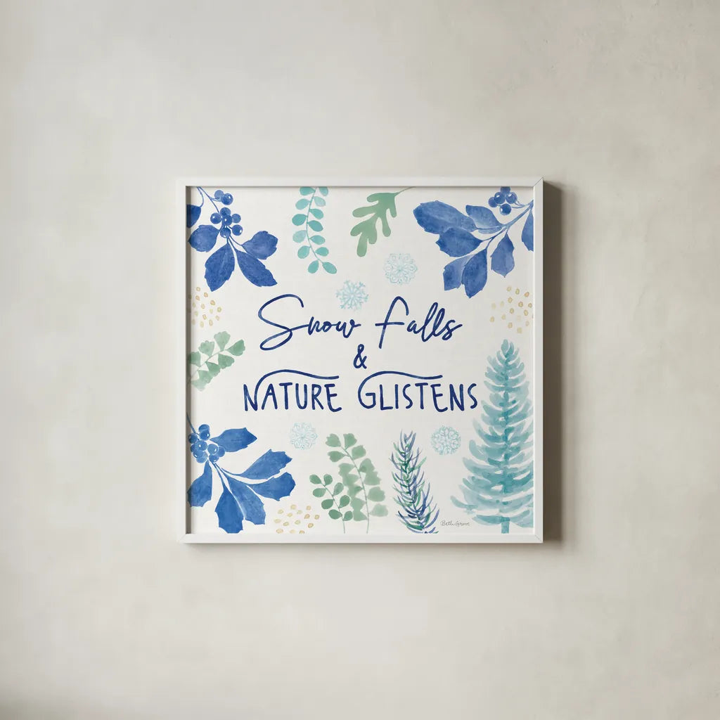 Winter Sparkle V by Beth Grove. Shown in a crisp white glass frame for a clean and minimalist style. Available as an archival giclee rolled canvas, fine art paper, or poster print. SKU 91661a.