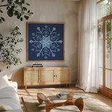 Winter Sparkle VII by Beth Grove. Shown in a natural wood frame in a cozy modern living room. Available as an archival giclee rolled canvas, fine art paper, or poster print. SKU 91663a.