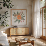 Winter Warmth III by Beth Grove. Shown in a natural wood frame in a cozy modern living room. Available as an archival giclee rolled canvas, fine art paper, or poster print. SKU 102913a.