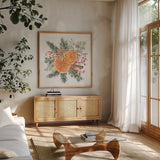 Winter Warmth IV by Beth Grove. Shown in a natural wood frame in a cozy modern living room. Available as an archival giclee rolled canvas, fine art paper, or poster print. SKU 102914a.