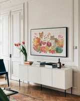 Wooded Harvest I by Beth Grove. shown as a framed stretched canvas in a living room above a console. Available as a archival giclee rolled canvas, fine art paper, or poster print. SKU 80868i.