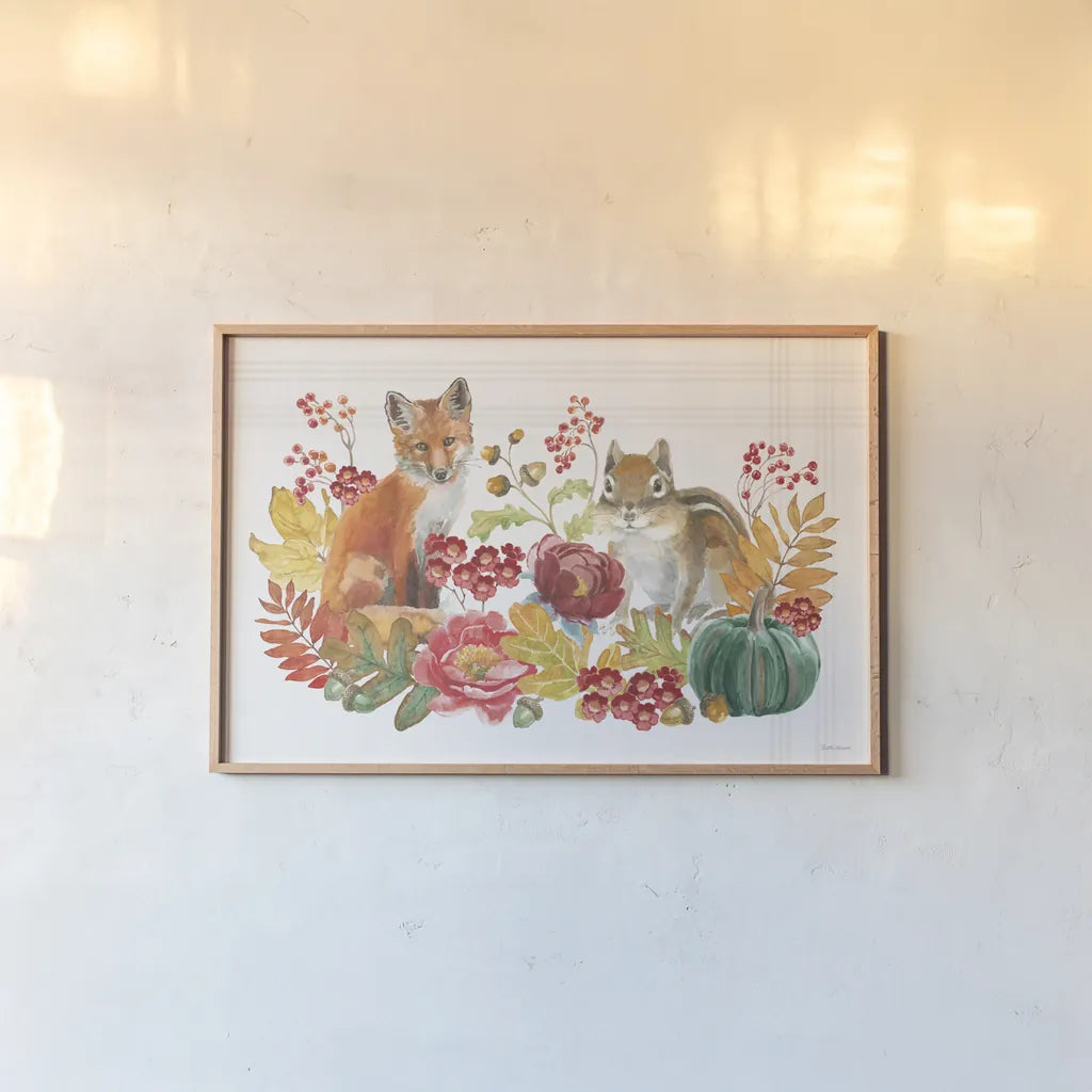 Wooded Harvest I by Beth Grove. shown as a paper print in a natural frame. Available as a archival giclee rolled canvas, fine art paper, or poster print. SKU 80868i.