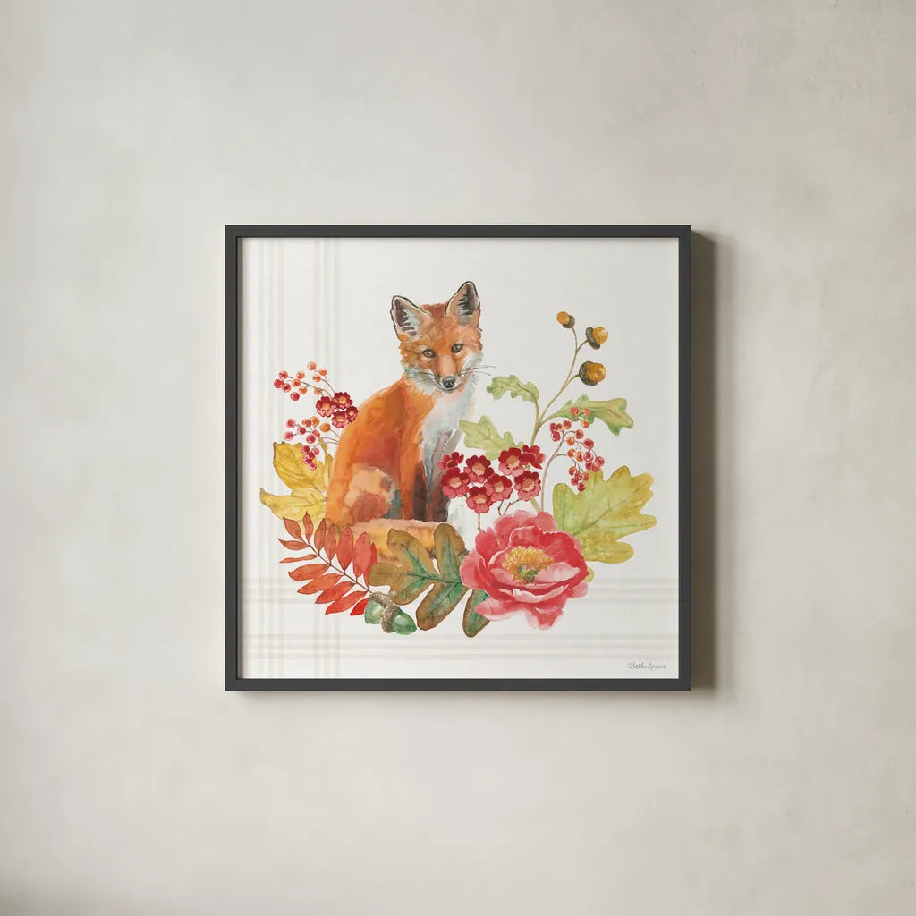 Wooded Harvest II by Beth Grove. Shown in a sleek black glass frame for a contemporary gallery look. Available as an archival giclee rolled canvas, fine art paper, or poster print. SKU 80869a.