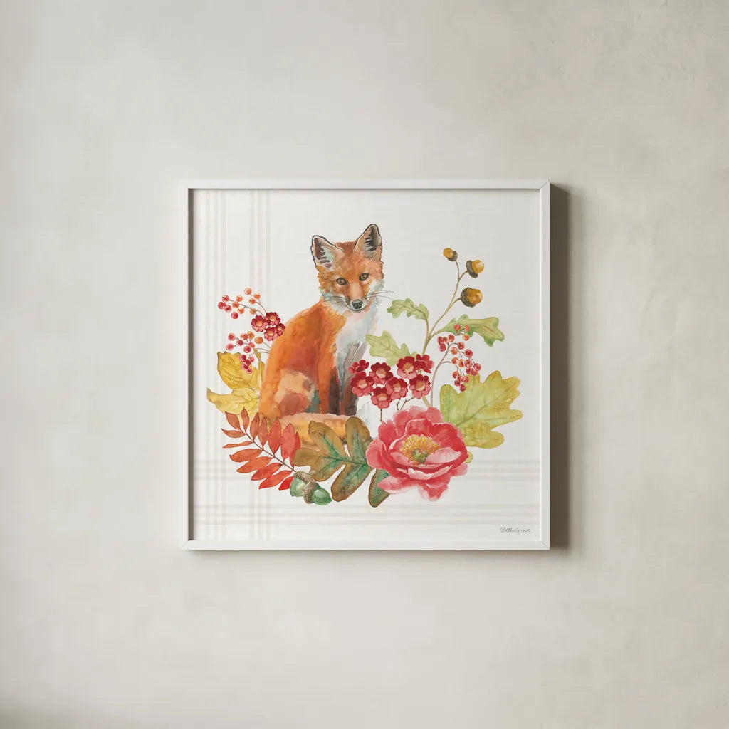 Wooded Harvest II by Beth Grove. Shown in a crisp white glass frame for a clean and minimalist style. Available as an archival giclee rolled canvas, fine art paper, or poster print. SKU 80869a.