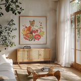 Wooded Harvest II by Beth Grove. Shown in a natural wood frame in a cozy modern living room. Available as an archival giclee rolled canvas, fine art paper, or poster print. SKU 80869a.