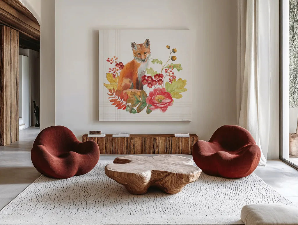 Wooded Harvest II by Beth Grove. Shown as extra-large giant wall art in a modern living room. Available as an archival giclee rolled canvas, fine art paper, or poster print. SKU 80869a.