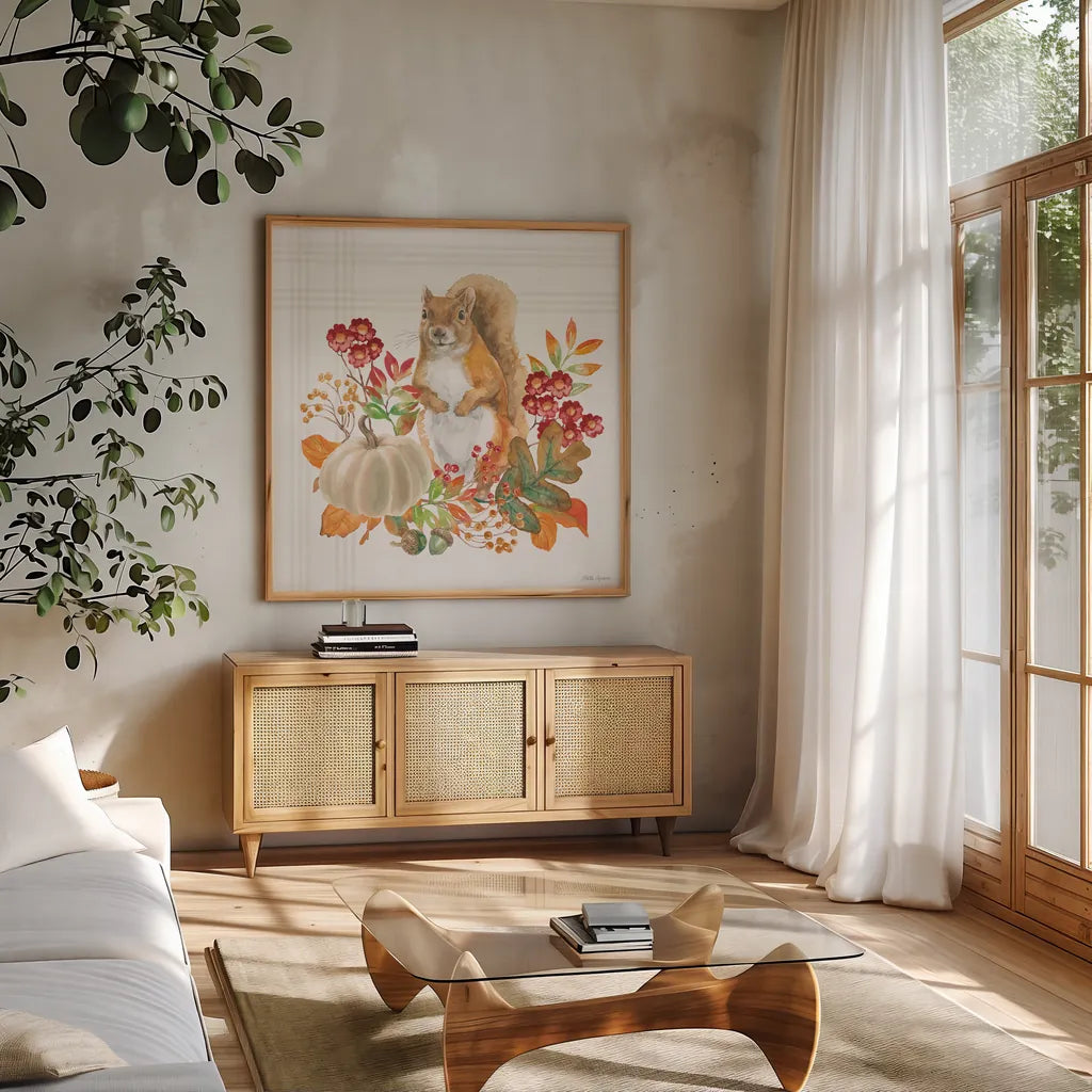 Wooded Harvest III by Beth Grove. Shown in a natural wood frame in a cozy modern living room. Available as an archival giclee rolled canvas, fine art paper, or poster print. SKU 80870a.