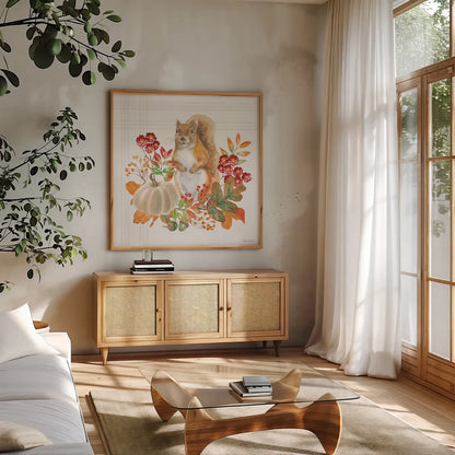 Wooded Harvest III by Beth Grove. Shown in a natural wood frame in a cozy modern living room. Available as an archival giclee rolled canvas, fine art paper, or poster print. SKU 80870a.