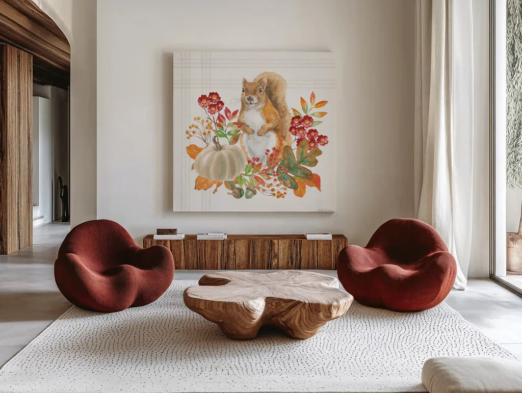 Wooded Harvest III by Beth Grove. Shown as extra-large giant wall art in a modern living room. Available as an archival giclee rolled canvas, fine art paper, or poster print. SKU 80870a.