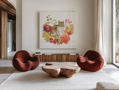 Wooded Harvest IV by Beth Grove. Shown as extra-large giant wall art in a modern living room. Available as an archival giclee rolled canvas, fine art paper, or poster print. SKU 80871a.