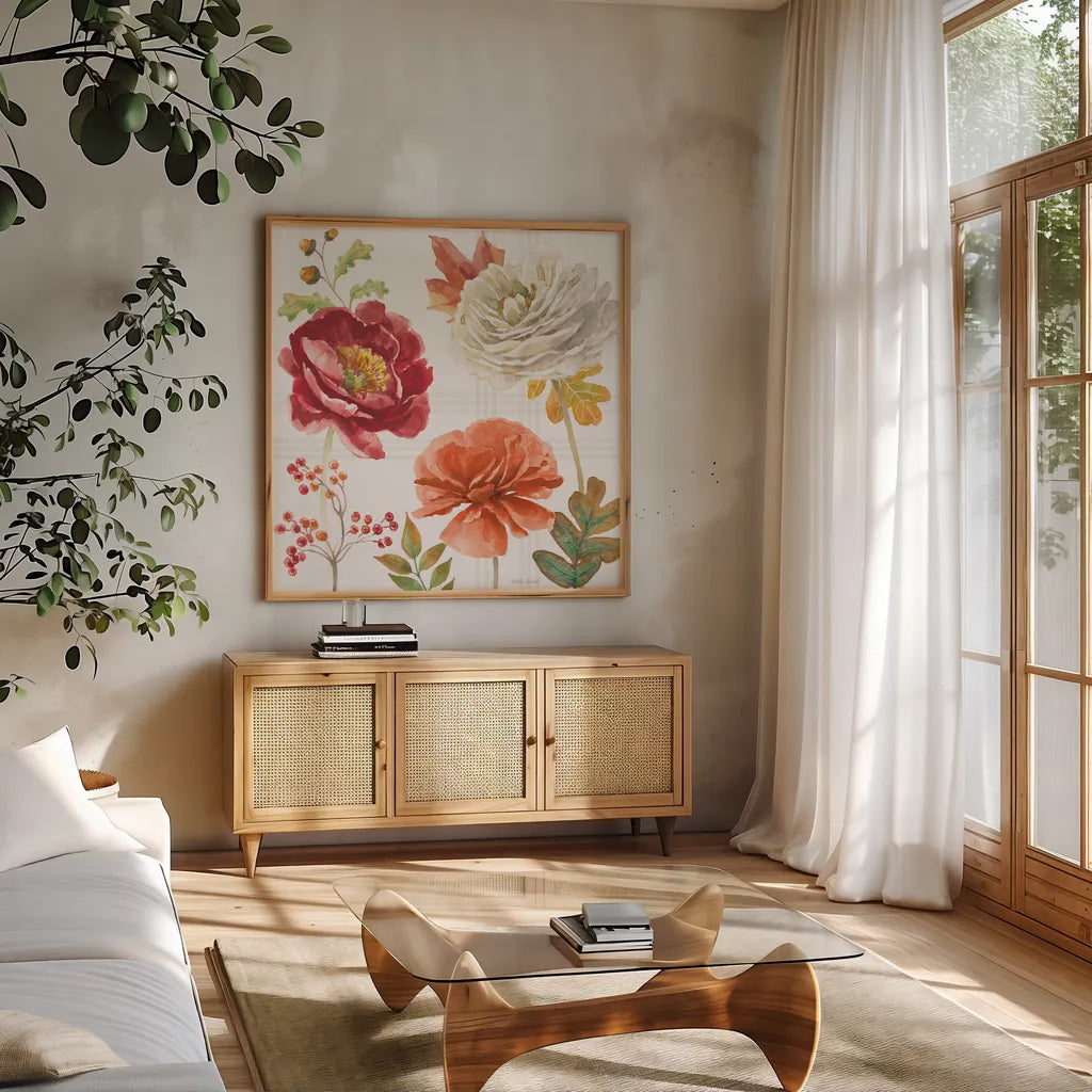 Wooded Harvest IX by Beth Grove. Shown in a natural wood frame in a cozy modern living room. Available as an archival giclee rolled canvas, fine art paper, or poster print. SKU 80876a.