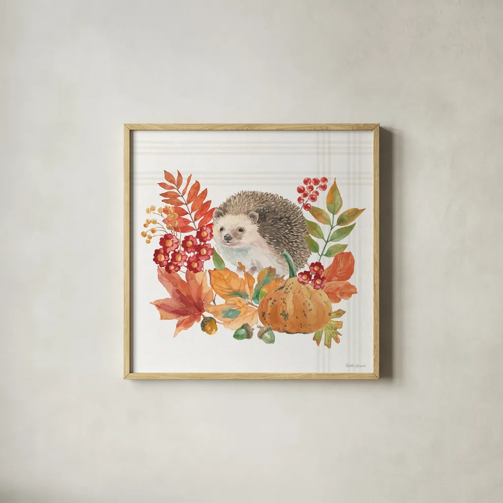 Wooded Harvest V by Beth Grove. Shown in a natural wood glass frame for a timeless modern aesthetic. Available as an archival giclee rolled canvas, fine art paper, or poster print. SKU 80872a.