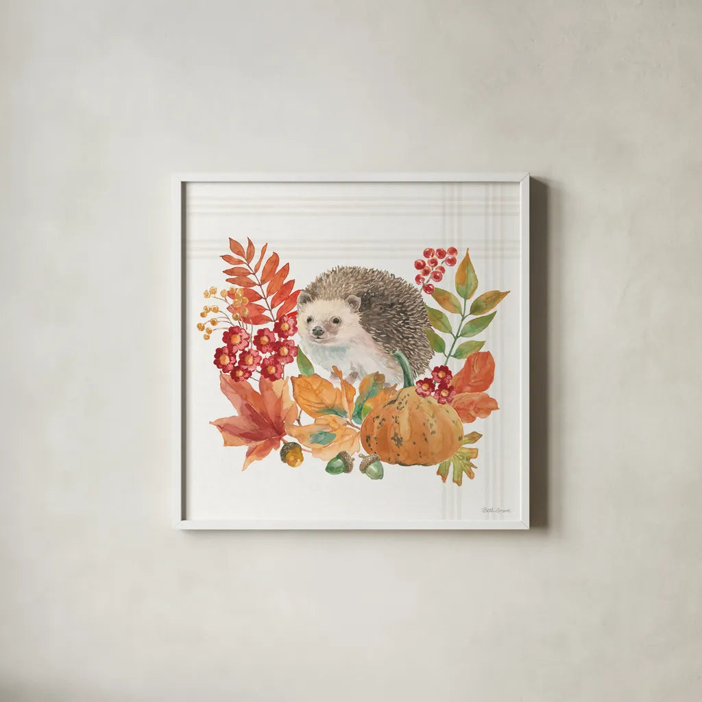 Wooded Harvest V by Beth Grove. Shown in a crisp white glass frame for a clean and minimalist style. Available as an archival giclee rolled canvas, fine art paper, or poster print. SKU 80872a.