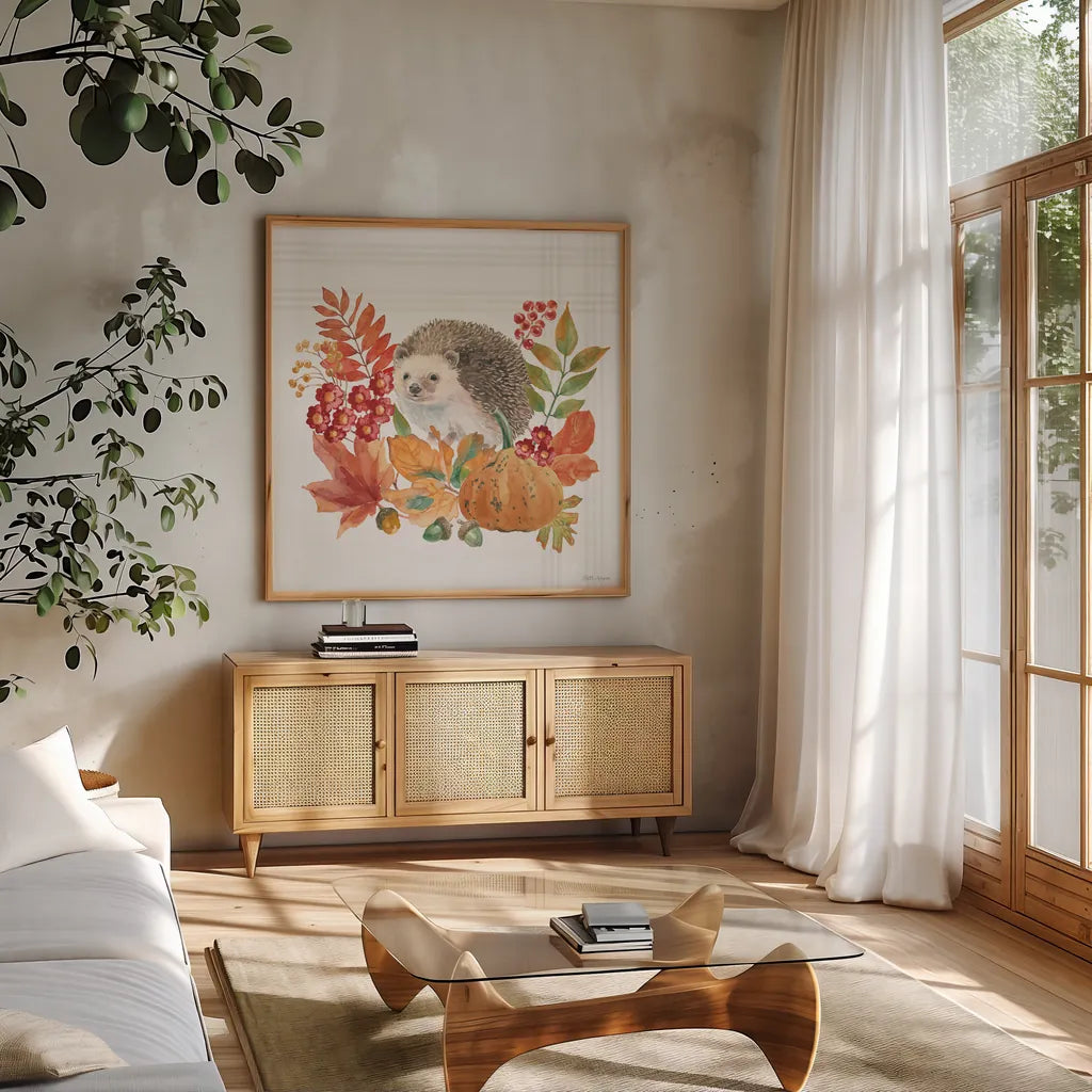 Wooded Harvest V by Beth Grove. Shown in a natural wood frame in a cozy modern living room. Available as an archival giclee rolled canvas, fine art paper, or poster print. SKU 80872a.