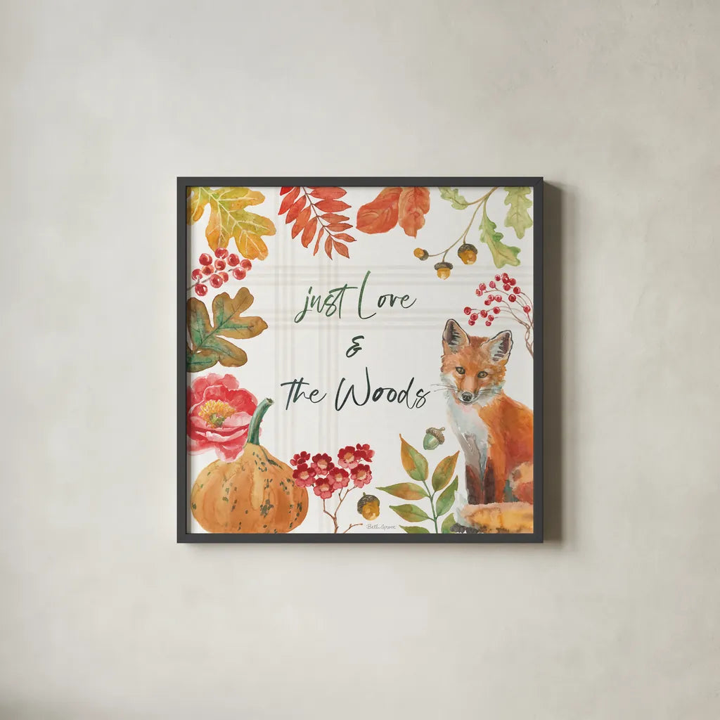 Wooded Harvest VII by Beth Grove. Shown in a sleek black glass frame for a contemporary gallery look. Available as an archival giclee rolled canvas, fine art paper, or poster print. SKU 80874a.