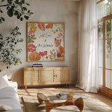Wooded Harvest VII by Beth Grove. Shown in a natural wood frame in a cozy modern living room. Available as an archival giclee rolled canvas, fine art paper, or poster print. SKU 80874a.