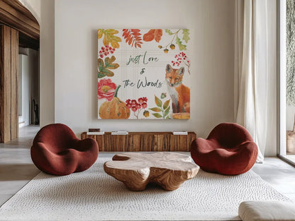 Wooded Harvest VII by Beth Grove. Shown as extra-large giant wall art in a modern living room. Available as an archival giclee rolled canvas, fine art paper, or poster print. SKU 80874a.