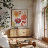 Wooded Harvest VIII by Beth Grove. Shown in a natural wood frame in a cozy modern living room. Available as an archival giclee rolled canvas, fine art paper, or poster print. SKU 80875a.