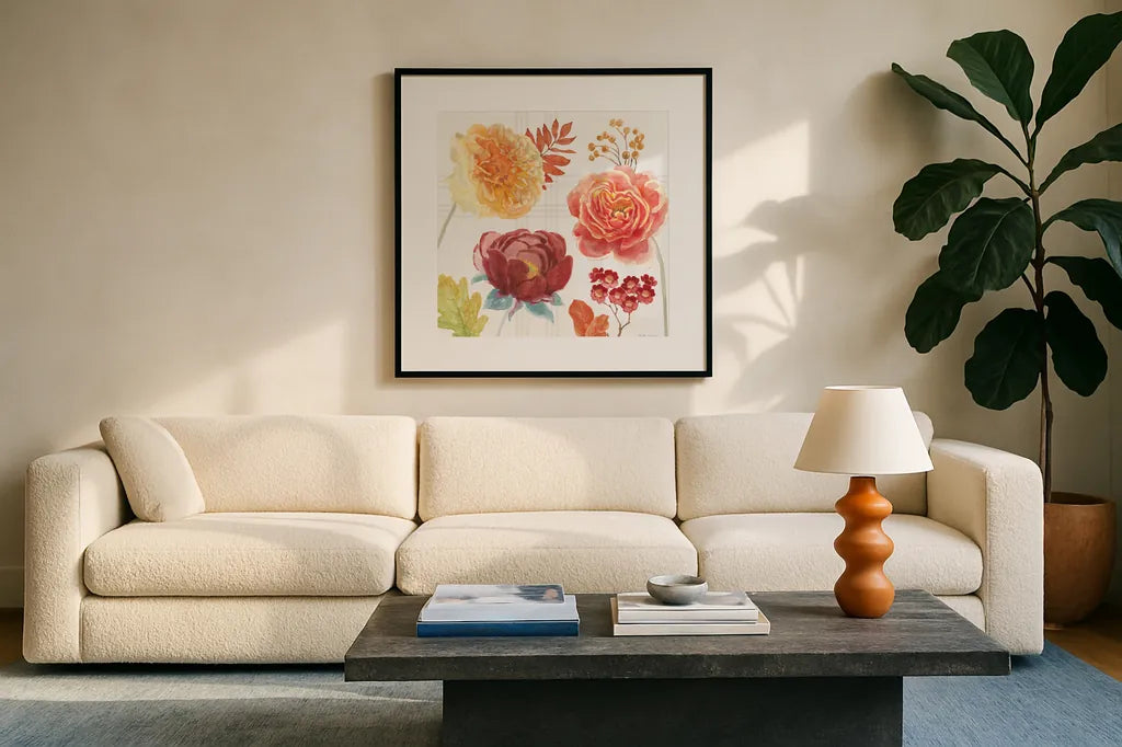 Wooded Harvest VIII by Beth Grove. Displayed in a glass frame with matte in a clean modern living room. Available as an archival giclee rolled canvas, fine art paper, or poster print. SKU 80875a.
