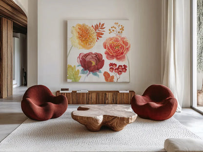 Wooded Harvest VIII by Beth Grove. Shown as extra-large giant wall art in a modern living room. Available as an archival giclee rolled canvas, fine art paper, or poster print. SKU 80875a.
