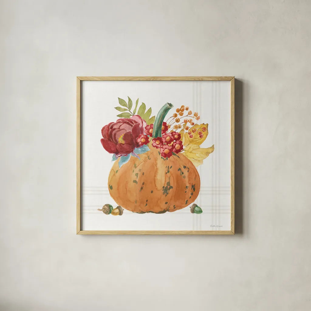 Wooded Harvest XI by Beth Grove. Shown in a natural wood glass frame for a timeless modern aesthetic. Available as an archival giclee rolled canvas, fine art paper, or poster print. SKU 80878a.