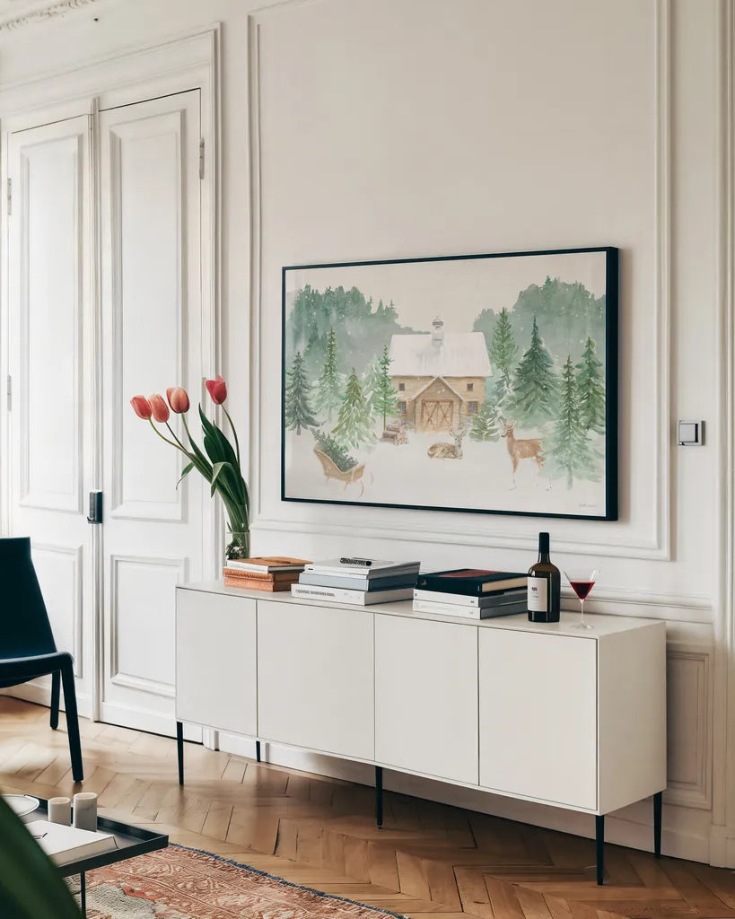 Wooded Winter I by Beth Grove. shown as a framed stretched canvas in a living room above a console. Available as a archival giclee rolled canvas, fine art paper, or poster print. SKU 88955i.