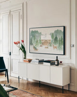 Wooded Winter I by Beth Grove. shown as a framed stretched canvas in a living room above a console. Available as a archival giclee rolled canvas, fine art paper, or poster print. SKU 88955i.
