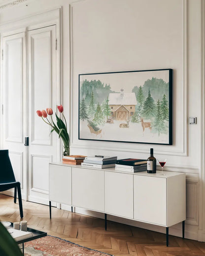 Wooded Winter I by Beth Grove. shown as a framed stretched canvas in a living room above a console. Available as a archival giclee rolled canvas, fine art paper, or poster print. SKU 88955i.