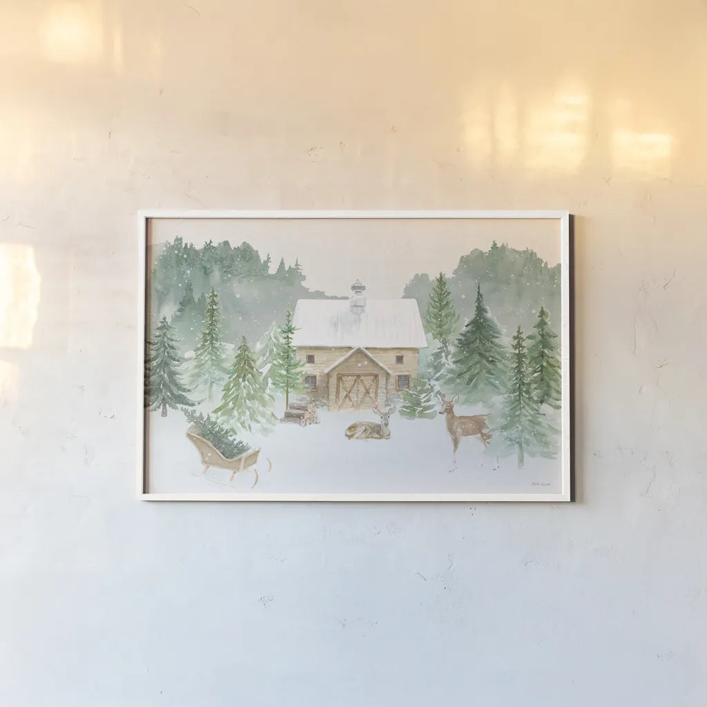 Wooded Winter I by Beth Grove. shown as a paper print in a white frame. Available as a archival giclee rolled canvas, fine art paper, or poster print. SKU 88955i.