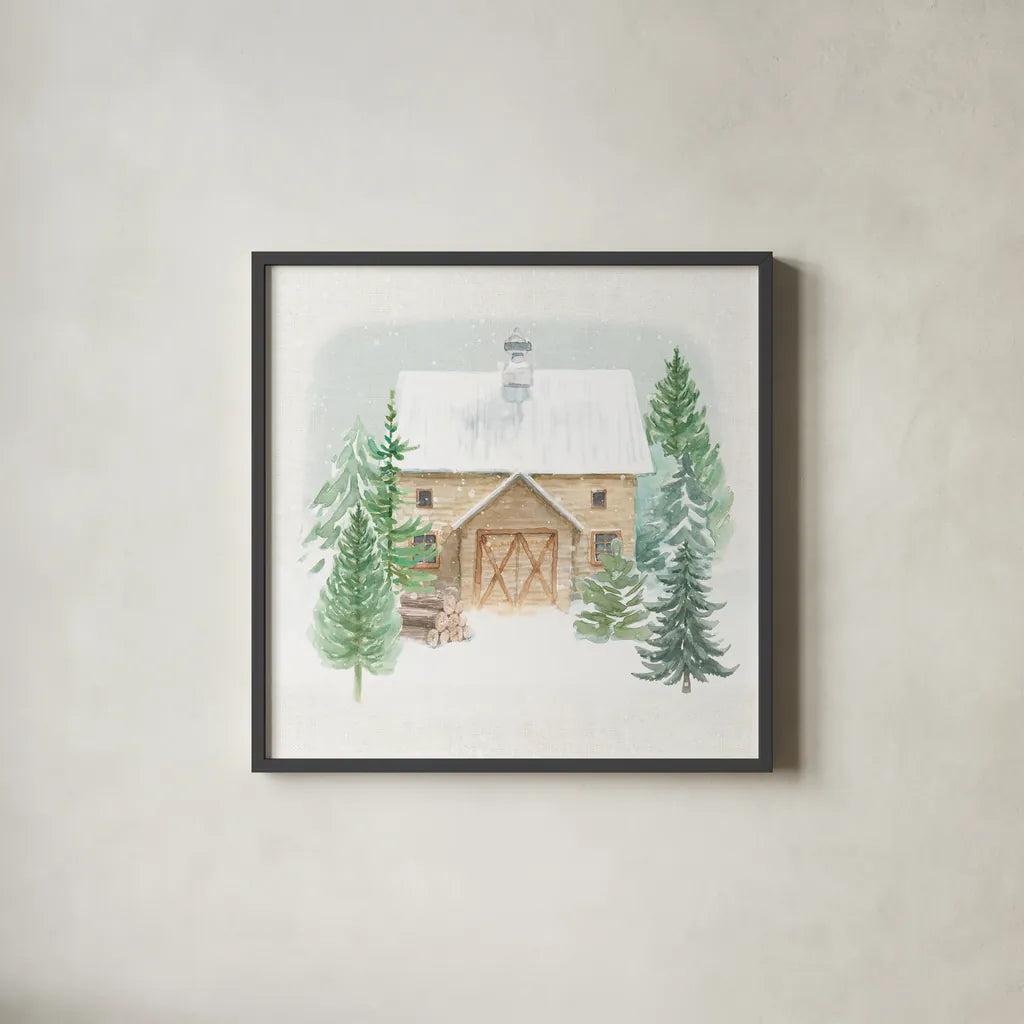 Wooded Winter II by Beth Grove. Shown in a sleek black glass frame for a contemporary gallery look. Available as an archival giclee rolled canvas, fine art paper, or poster print. SKU 88956a.