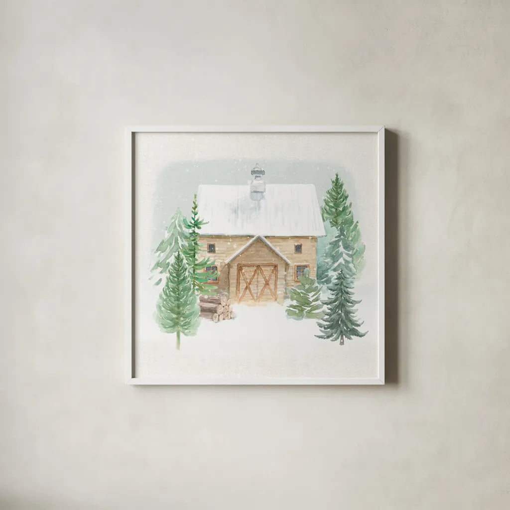 Wooded Winter II by Beth Grove. Shown in a crisp white glass frame for a clean and minimalist style. Available as an archival giclee rolled canvas, fine art paper, or poster print. SKU 88956a.