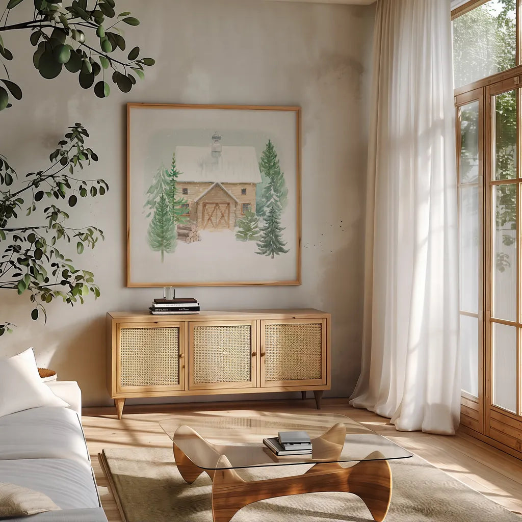 Wooded Winter II by Beth Grove. Shown in a natural wood frame in a cozy modern living room. Available as an archival giclee rolled canvas, fine art paper, or poster print. SKU 88956a.