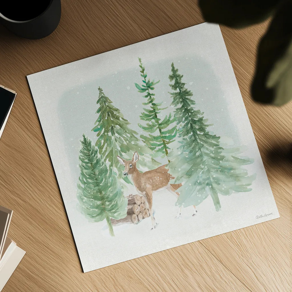 Wooded Winter III by Beth Grove. Shown as a detailed flat fine art print, highlighting archival giclee quality. Available as an archival giclee rolled canvas, fine art paper, or poster print. SKU 88957a.