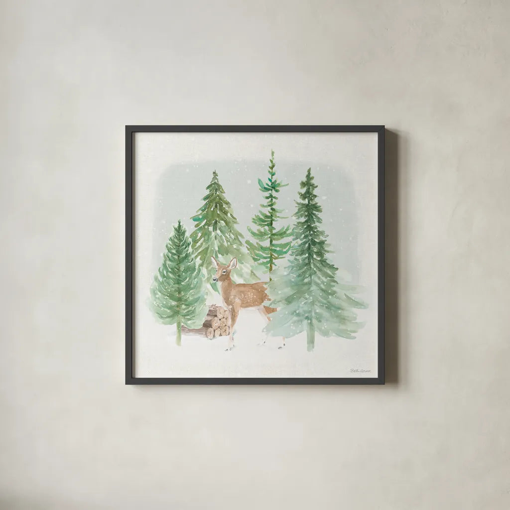 Wooded Winter III by Beth Grove. Shown in a sleek black glass frame for a contemporary gallery look. Available as an archival giclee rolled canvas, fine art paper, or poster print. SKU 88957a.
