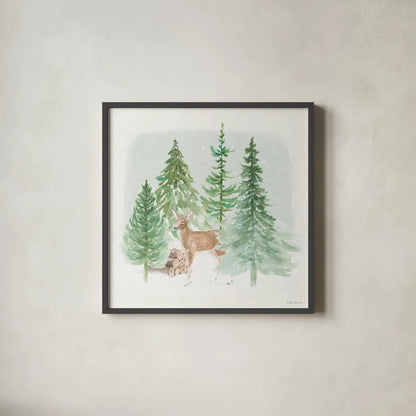 Wooded Winter III by Beth Grove. Shown in a sleek black glass frame for a contemporary gallery look. Available as an archival giclee rolled canvas, fine art paper, or poster print. SKU 88957a.
