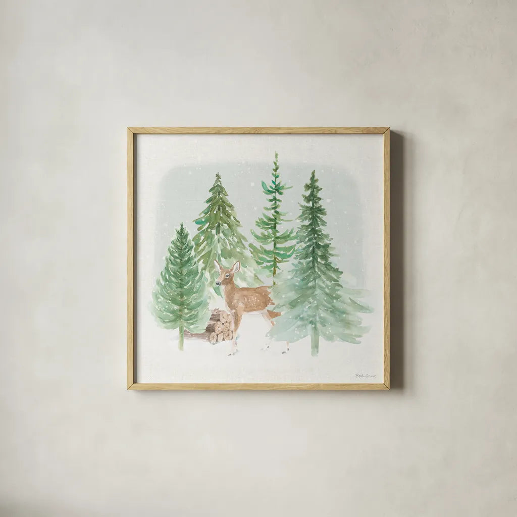 Wooded Winter III by Beth Grove. Shown in a natural wood glass frame for a timeless modern aesthetic. Available as an archival giclee rolled canvas, fine art paper, or poster print. SKU 88957a.