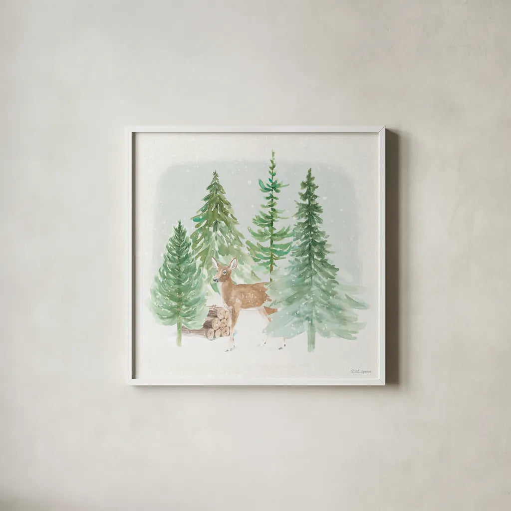 Wooded Winter III by Beth Grove. Shown in a crisp white glass frame for a clean and minimalist style. Available as an archival giclee rolled canvas, fine art paper, or poster print. SKU 88957a.