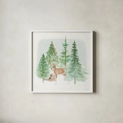 Wooded Winter III by Beth Grove. Shown in a crisp white glass frame for a clean and minimalist style. Available as an archival giclee rolled canvas, fine art paper, or poster print. SKU 88957a.