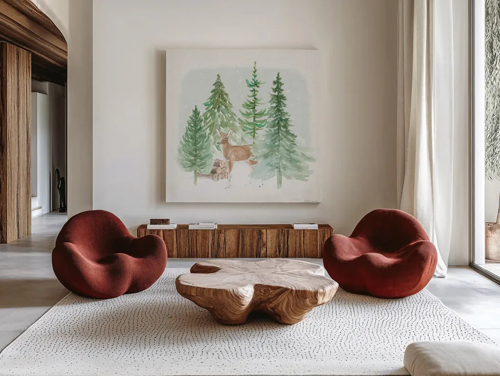 Wooded Winter III by Beth Grove. Shown as extra-large giant wall art in a modern living room. Available as an archival giclee rolled canvas, fine art paper, or poster print. SKU 88957a.