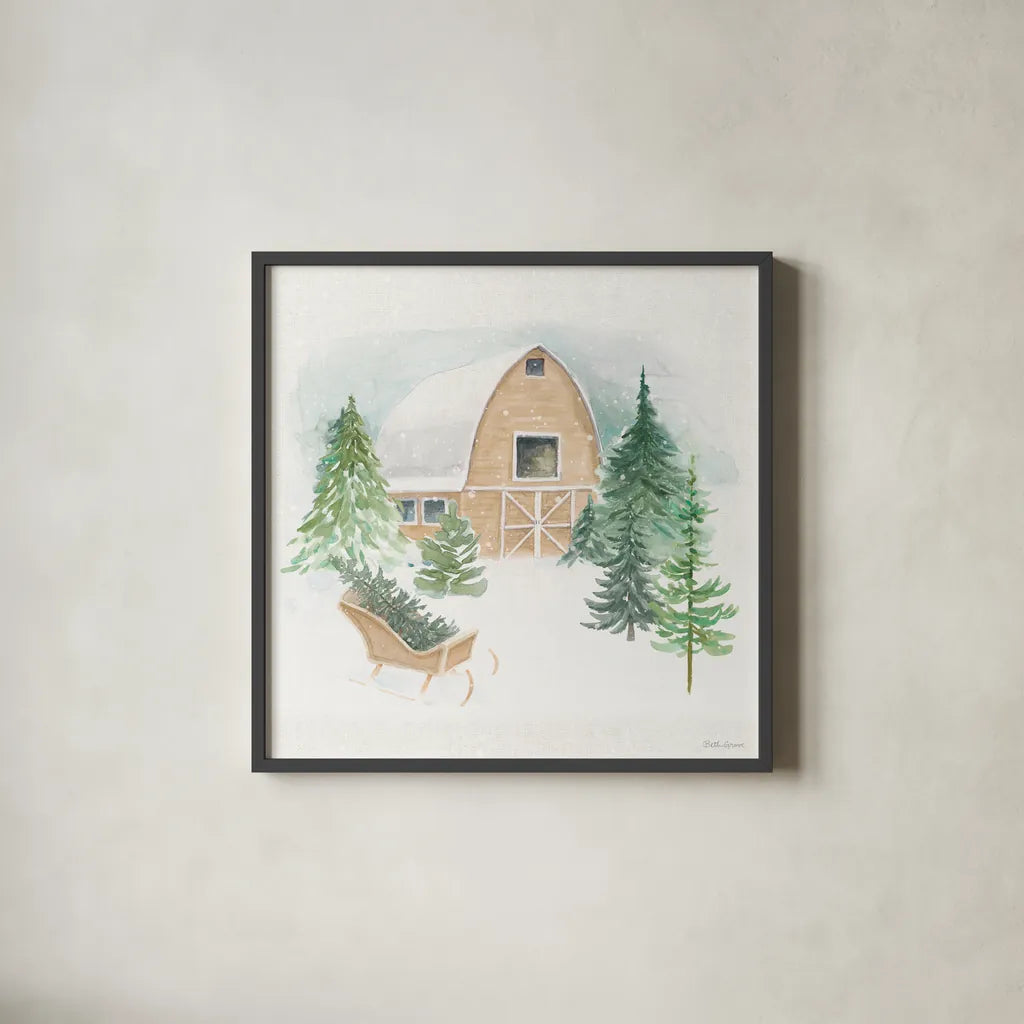 Wooded Winter IV by Beth Grove. Shown in a sleek black glass frame for a contemporary gallery look. Available as an archival giclee rolled canvas, fine art paper, or poster print. SKU 88958a.