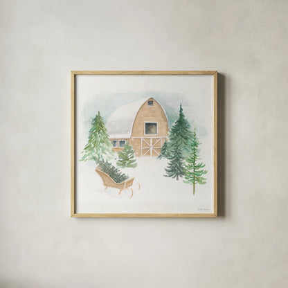 Wooded Winter IV by Beth Grove. Shown in a natural wood glass frame for a timeless modern aesthetic. Available as an archival giclee rolled canvas, fine art paper, or poster print. SKU 88958a.