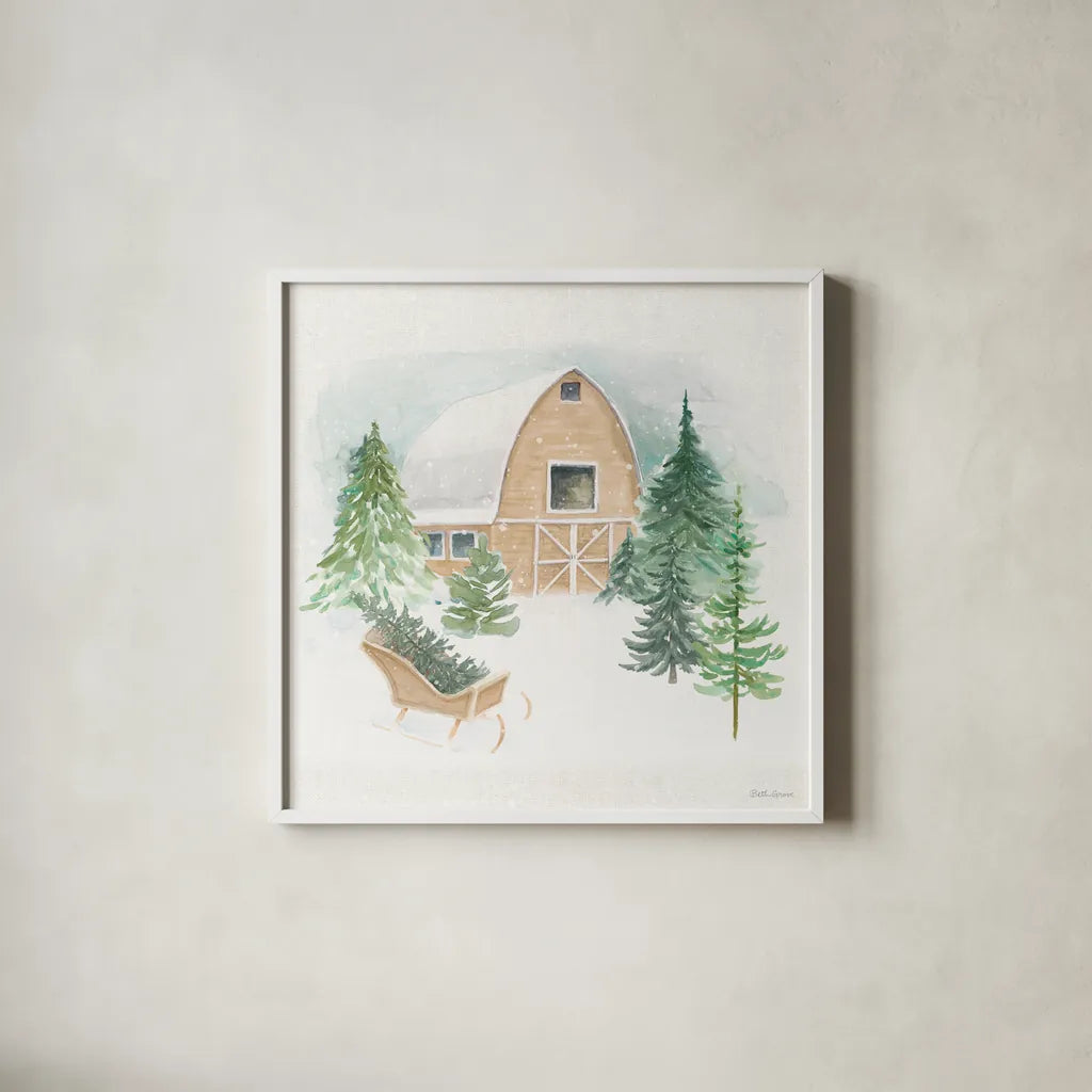 Wooded Winter IV by Beth Grove. Shown in a crisp white glass frame for a clean and minimalist style. Available as an archival giclee rolled canvas, fine art paper, or poster print. SKU 88958a.