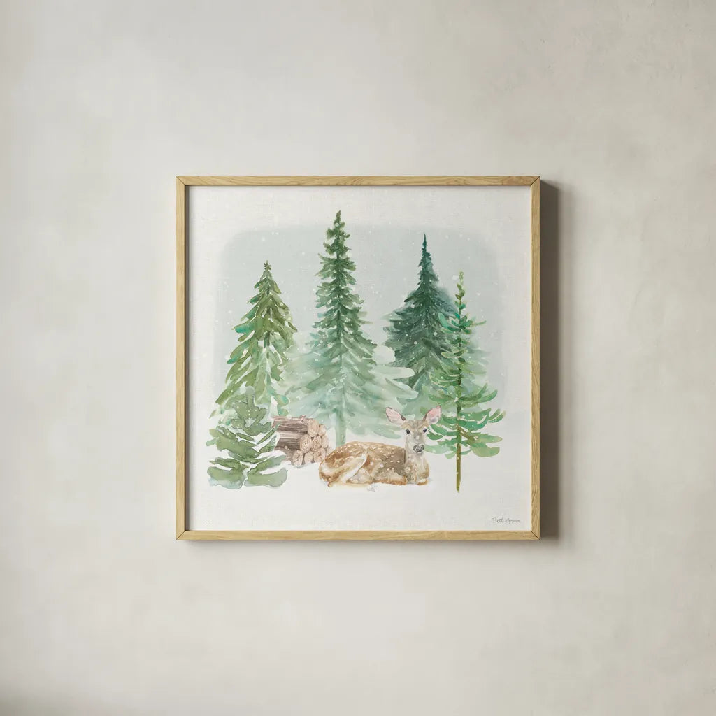 Wooded Winter V by Beth Grove. Shown in a natural wood glass frame for a timeless modern aesthetic. Available as an archival giclee rolled canvas, fine art paper, or poster print. SKU 88959a.