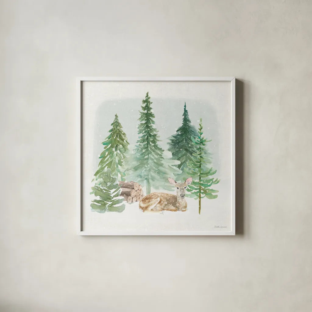 Wooded Winter V by Beth Grove. Shown in a crisp white glass frame for a clean and minimalist style. Available as an archival giclee rolled canvas, fine art paper, or poster print. SKU 88959a.
