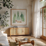 Wooded Winter V by Beth Grove. Shown in a natural wood frame in a cozy modern living room. Available as an archival giclee rolled canvas, fine art paper, or poster print. SKU 88959a.