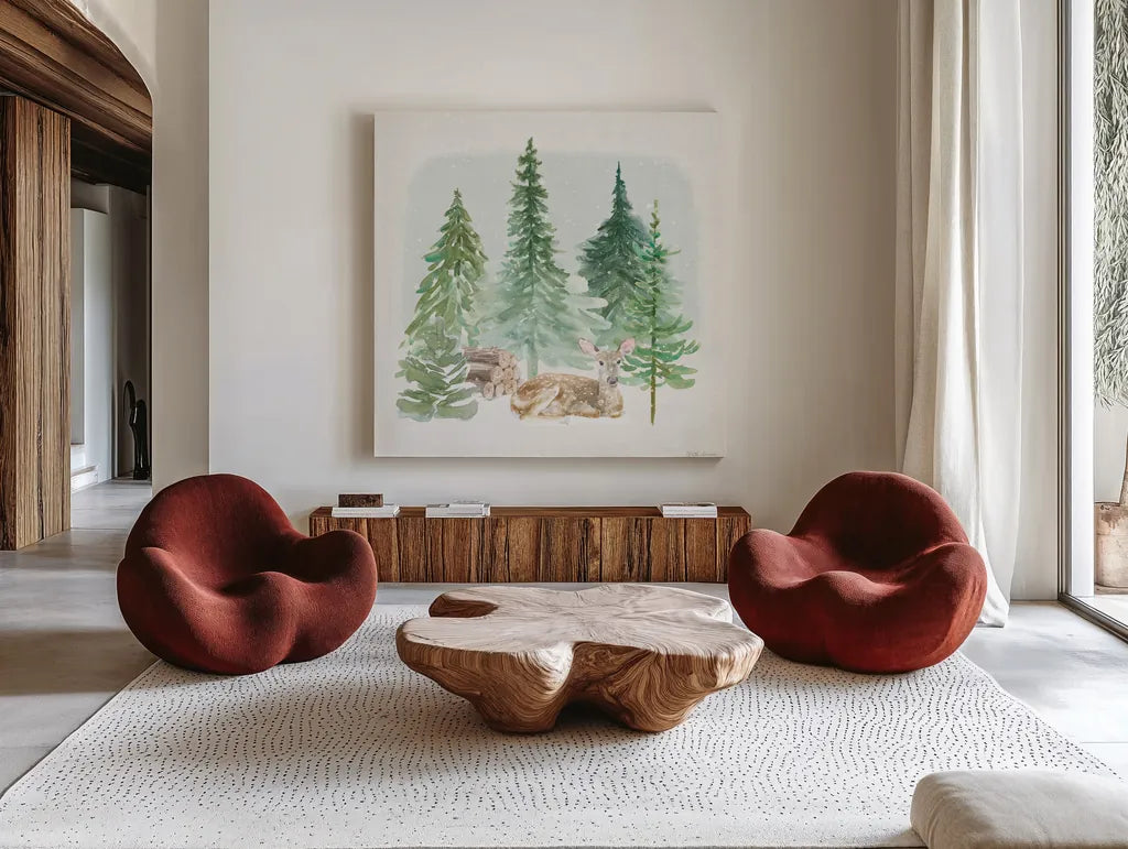 Wooded Winter V by Beth Grove. Shown as extra-large giant wall art in a modern living room. Available as an archival giclee rolled canvas, fine art paper, or poster print. SKU 88959a.