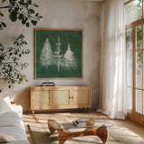 Wooded Winter XII by Beth Grove. Shown in a natural wood frame in a cozy modern living room. Available as an archival giclee rolled canvas, fine art paper, or poster print. SKU 88966a.