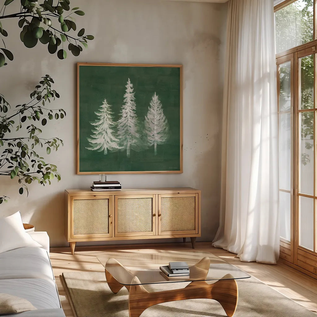 Wooded Winter XIII by Beth Grove. Shown in a natural wood frame in a cozy modern living room. Available as an archival giclee rolled canvas, fine art paper, or poster print. SKU 88967a.