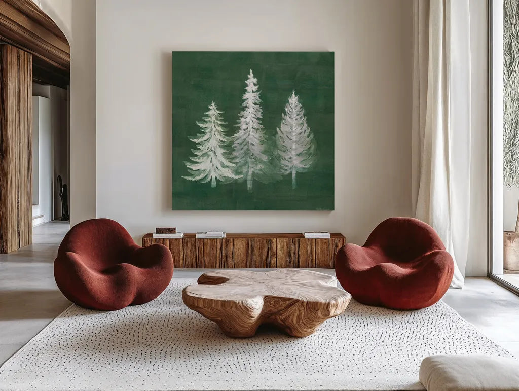 Wooded Winter XIII by Beth Grove. Shown as extra-large giant wall art in a modern living room. Available as an archival giclee rolled canvas, fine art paper, or poster print. SKU 88967a.